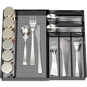 JANE EYRE Utensil Drawer Organizer - Expandable Cutlery Tray, Silverware/Flatware Storage Divider for Kitchen, Mesh Designing with Non-slip Rubber Feet (black)