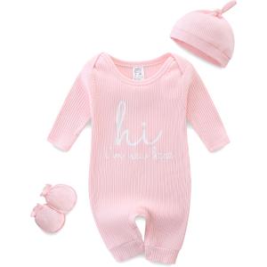 Baby Romper with Baby Mittens & Newborn Hats Footless Long Sleeve Solid Onesie Hi Im New Here (Pink)