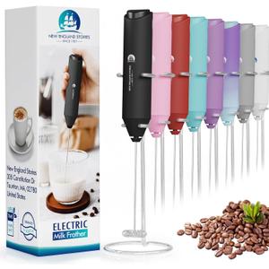 Powerful Milk Frother Handheld Foam Maker, Mini Whisk Drink Mixer for Coffee, Cappuccino, Latte, Matcha, Hot Chocolate, With Stand, Black