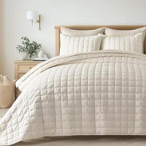 EVERGRACE Pearl Velvet Quilt Set King Size, Luxurious Soft Velvet Comforter Set, Lightweight Oversized Bedspread Coverlet, Box Stitch Quilted Bedding Sets for All Season, with 2 Shams, Ivory  108in.x96 in.