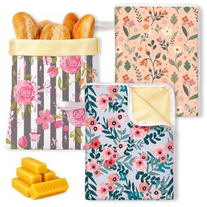 2 x Reginary 3 Pack XL Beeswax Bread Bags for Homemade Bread 17x13 Inch Reusable Organic Linen Cotton Beeswax Sourdough Bag with L-shaped Zipper Seal to Keep Fresh(Floral Style)
