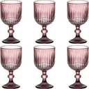 Taganov Purple Glasses Drinking set of 6 Colored Water Stemware Pink Goblets Glassware 11 oz for Wedding Party Bar Vertical Embossed Pattern Stemmed Cups 330 ml