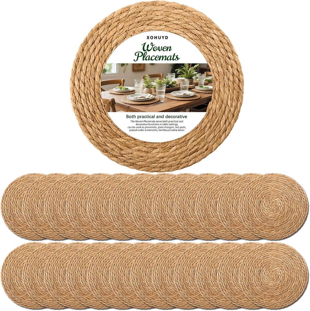 13 Inch Round Woven Placemats Set of 24, Boho Farmhouse Rustic Rattan Wicker Braided Chargers for Dining Table, Water Hyacinth Jute Place Mats for Dinner Plates, Outdoor Patio & Wedding Decor