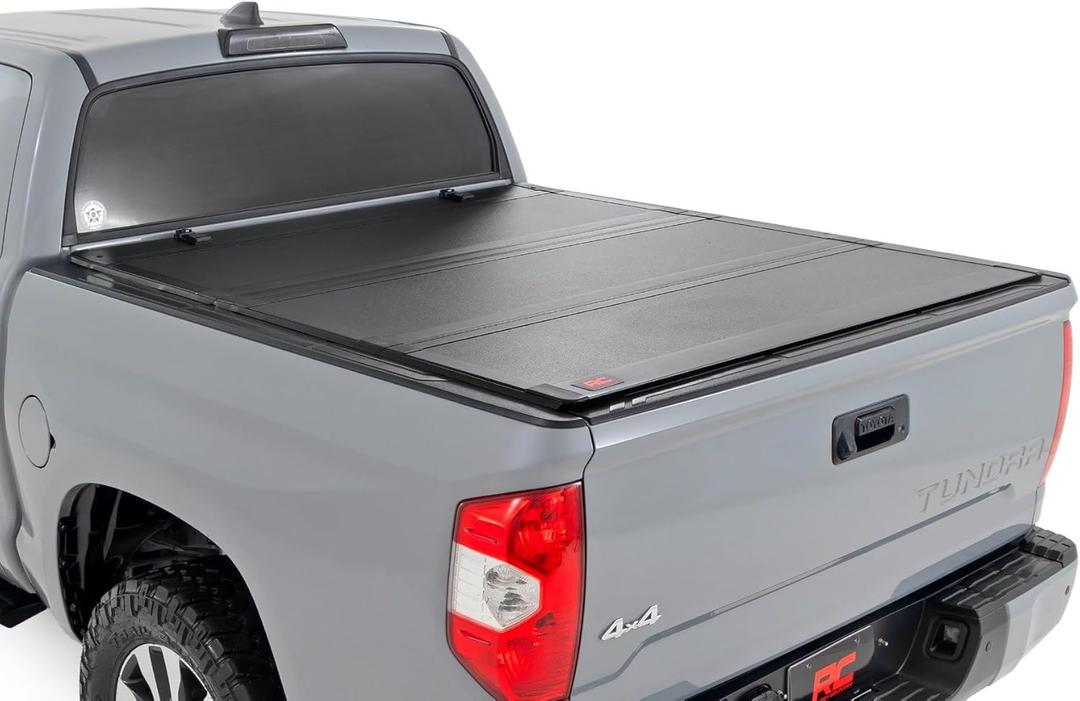 Rough Country Hard Tri-Fold Flip Up Truck Bed Tonneau Cover for Toyota Tundra (2007-2021) - Fits 5'7 Bed, All-Weather, Flush Aluminum Panels