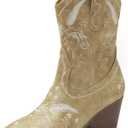 ANJOUFEMME Western Women's Cowboy Cowgirl Boots,Embroidered Round-toe Mid-calf Boots (8, Gold)