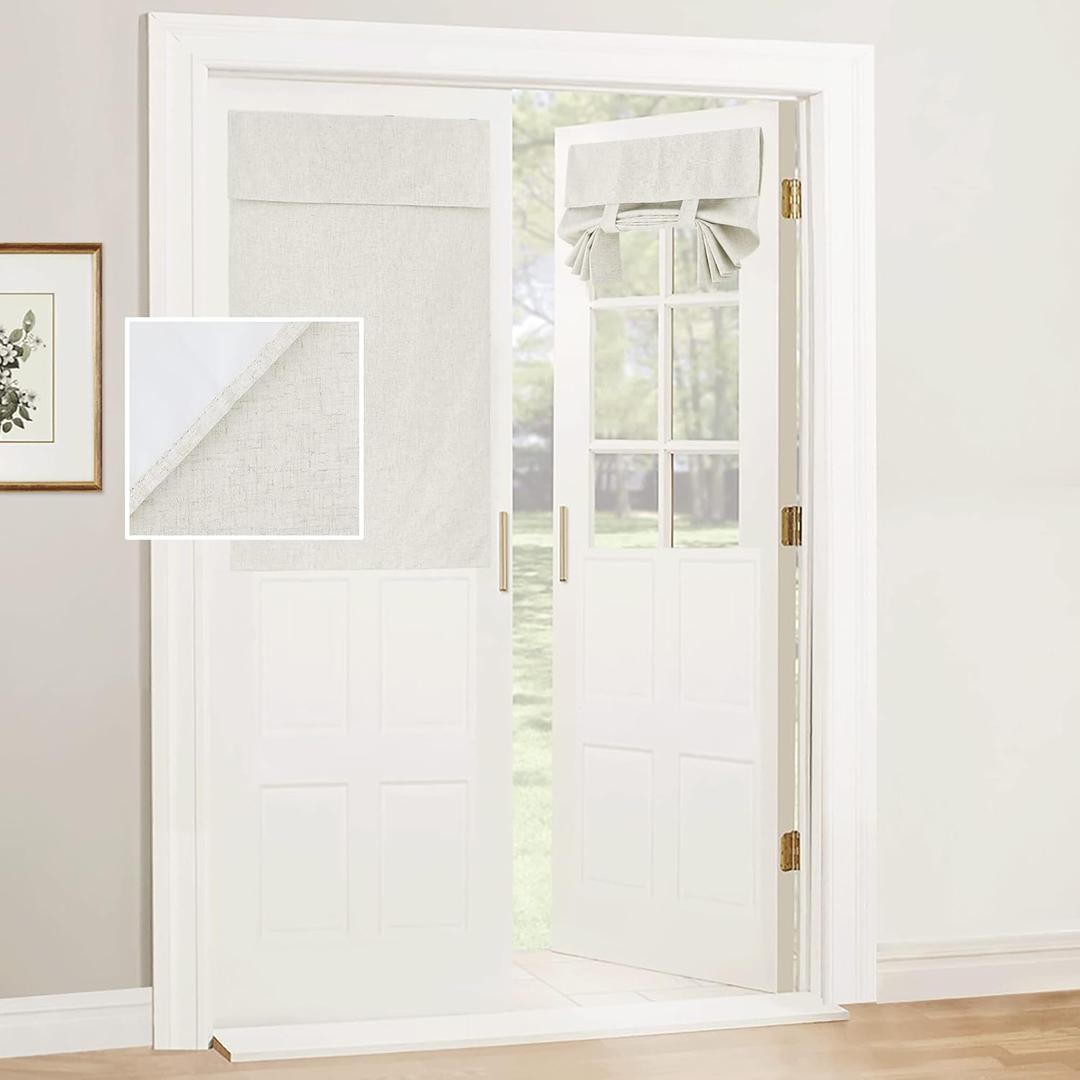 RYB HOME Natural Linen Blended Door Curtains 100% Blackout, Room Darkening Privacy Window Covering Thermal Insulated Privacy Shades for Patio Glass/French Door, W26 x L40 inch, 1 Panel
