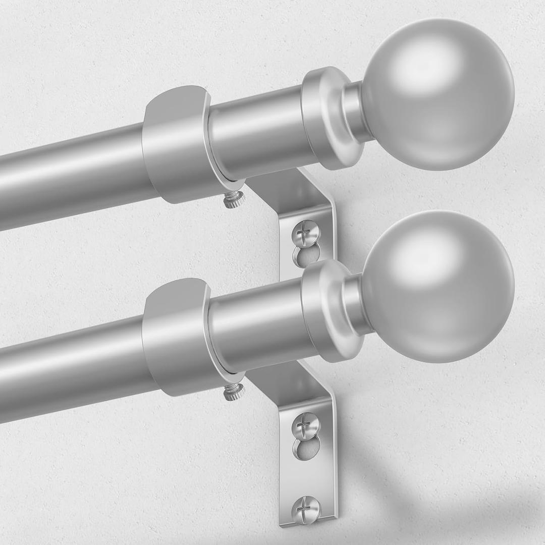 2 Pack Silver Curtain Rod, 1 Inch Adjustable Heavy Duty Curtain Rods for Windows 30 to 56 Inch, Decorative Modern Window Treatment Rods, Splicing Metal Drapery Pole, Easy Installation