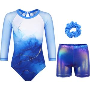 Gymnastics Leotards for Girls With Shorts Sparkly Ballet Dance Long Mesh Sleeve (14-15 Years, Simple Blue Set)