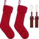 2Pack Personalized Christmas Stockings - 18 Inch Large Cable Knitted Xmas Hanging Stockings with DIY Wooden Name Tags for Family Holiday Decor (Red)