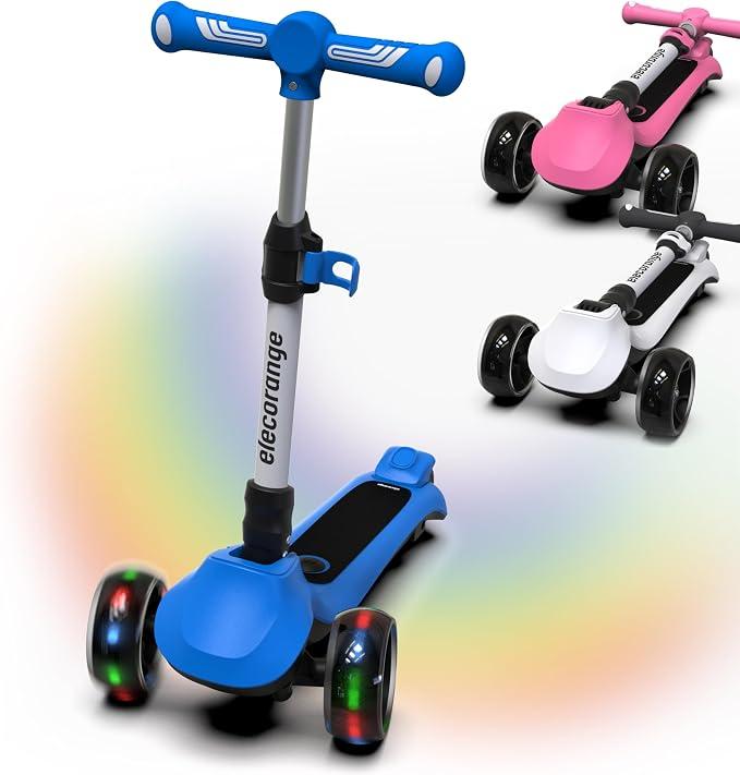 Elecorange T200 Electirc Scooter for Kids, Light Up Big LED Wheels, Flashing Deck, Adjustable Heights, 3 Wheeled Scooters, Balance Training Scooter for Kids 3-7, 4-6, 3+, Blue