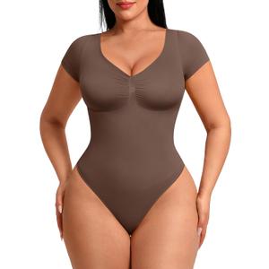 FeelinGirl Shapewear Tummy Control Short Sleeve Bodysuit for Women V Neck Seamless Thong Body Suits Tops, Large