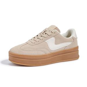 LUCKY STEP Women's Platform Fashion Sneakers Thick Sole Suede Faux Leather Classic Rubber Gum Sole Low Top Casual Walking Shoes(Beige,7 B(M) US)