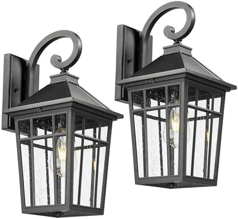 Darkaway Large Outdoor Wall Lights for House, 18inch Exterior Lighting Fixtures 2pcs Wall Mount Outdoor Porch Lights Black Outdoor Sconce Lights with Seeded Glass for Hallway Garage