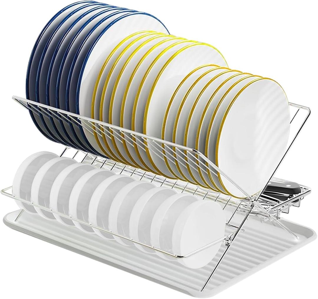 Stainless Steel Foldable Dish Drying Rack, 2 Tier Collapsible Kitchen Rack for Counter, Large Capacity Expandable Dish Drainer Rust Proof, Small