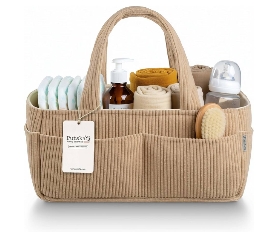 PUTSKA Baby Diaper Caddy Organizer for Changing Table – Stylish Nursery Storage Basket, Newborn Essentials, Baby Shower Gifts and Registry Must-Haves for Boy or Girl, Car Diaper Caddy, Corduroy Mocha