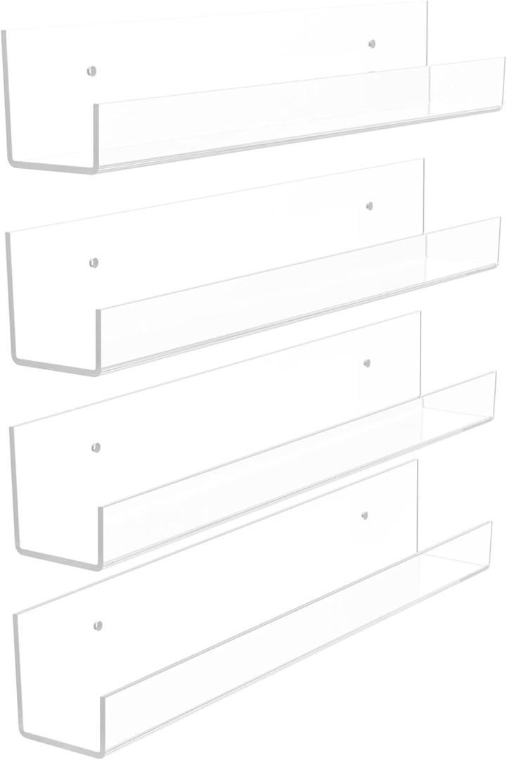 4 Pack Acrylic Shelves for Wall Storage,12" Floating Bookshelves for Kids, Display Shelf for Bathroom, Bedroom, Decor, Clear