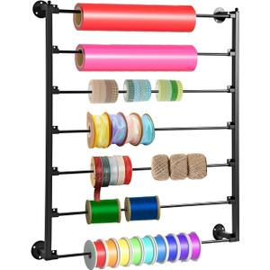 7 Tier Wall Mount Ribbon Organizer, Metal Rack for Craft Room | Wall mounted ribbon holder ideal for flower shops, stores, wrapping paper, scarf, tie, belt, towel storage - Black