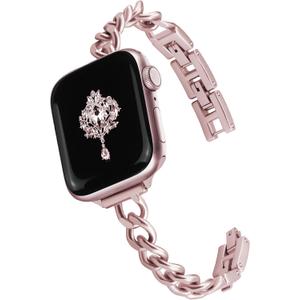 Newlibery Slim Pink Band Women Feminine Elegant Compatible with Apple Watch 42mm(S3/2/1)/44/45/46/49mm Adjustable Metal Strap Dressy Chain Bracelet for iWatch Series 11/10/9/8/7/6/5/4/SE/Ultra 3/2/1