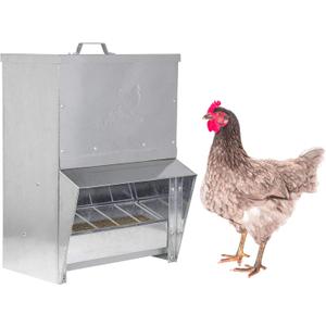 RentACoop Galvanized Chicken Trough Feeder, Weatherproof Poultry Food Dispenser with Lid 25LB Capacity