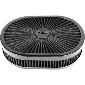 Oval 12"x2" Air Cleaner Filter Assembly Kit Compatible with GMC Chevy Ford Chryler Dodge V8 Black 5-1/8" Carb Neck w/Flow-Thru Lid High Flow Chrome 5331ABK