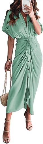 Women Elegant Satin Button Down Short Sleeve Maxi Shirt Dress with Belt, S