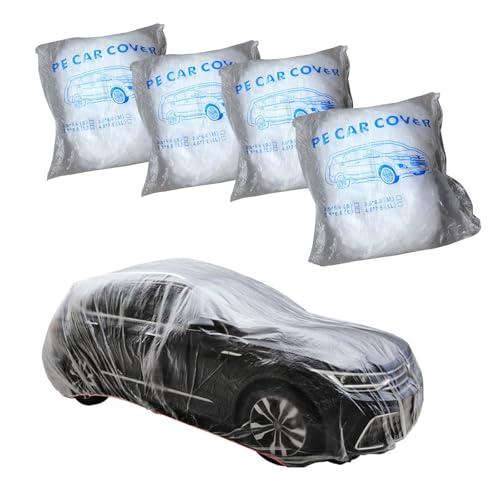 Hugwits 4 PCS Disposable Transparent Car Cover, 11.5ft x 19.7ft Plastic Rainproof & Waterproof Car Cover with Elastic Band, Dustproof Plastic Auto Covers Universal for Most Cars
