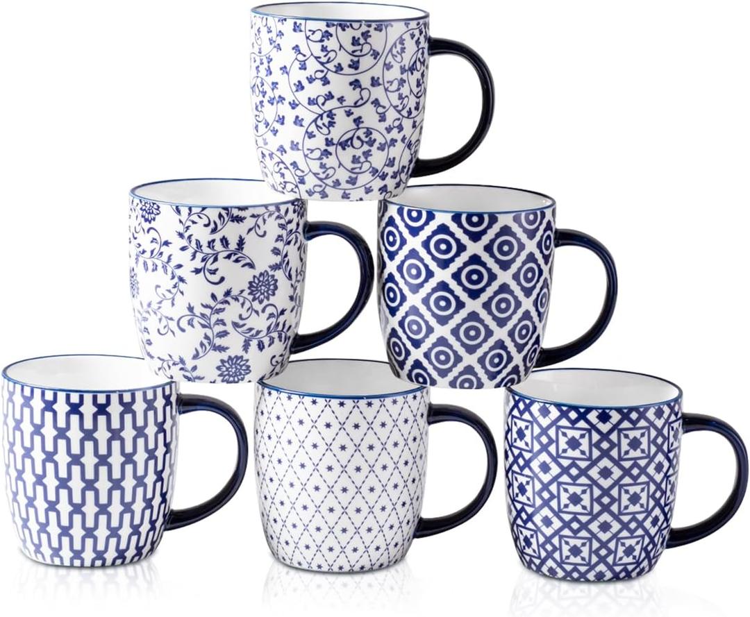 Ceramic Coffee Mugs Set - 10 OZ Large Porcelain Tea Cups with Handle for Milk Cappuccino Latte Cocoa Tea - Microwave Dishwasher Safe - Christmas Housewarming Gift -Set of 6 - Vintage Blue