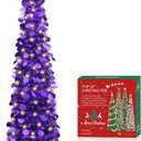 HMASYO 6 FT Pop Up Christmas Tree with 100 LED Lights & Remote, Purple Christmas Tinsel Tree, Collapsible Artificial Pencil Tree for Home Office Party Decor, USB Powered Timer Lights, Easy Assembly