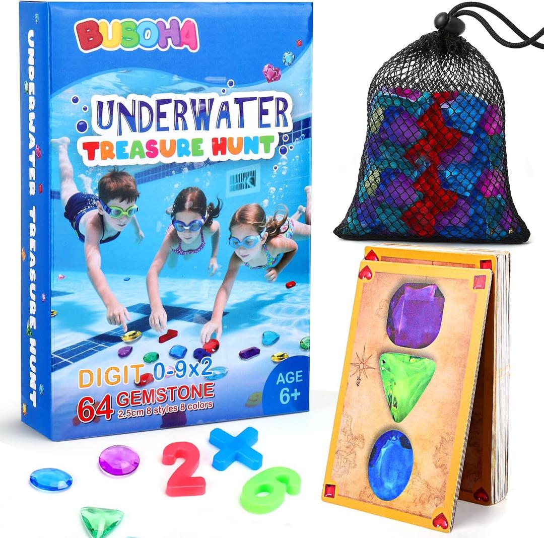 BUSOHA Diving Pool Hunt Gem Toys - 6 in 1 Underwater Seek and Find Gems Game Tic Tac Toe Board Games Kids Swiming Pool Toys with Mesh Bag Water Gifts for Boys Girls Age 6 7 8 9 10 11 12 (Colorful)