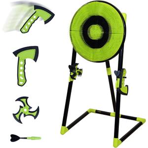Leeray 3-in-1 Bristle Target Board Game – Axe Throwing Game for Backyard with Throwing Axes, Soft Tip Darts, and Ninja Stars – Safe Outdoor Games & Kids Toys for Ages 6+ (18 inch Green)