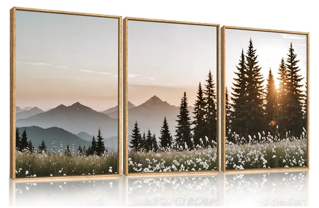 Large Mountain Sunlight Calming Framed Canvas Wall Art Set,Boho Nature Pine Tree Landscape Wall Decor,Modern Sunrise Forest Art Printing for Living Room,Bedroom-24 x36 x3