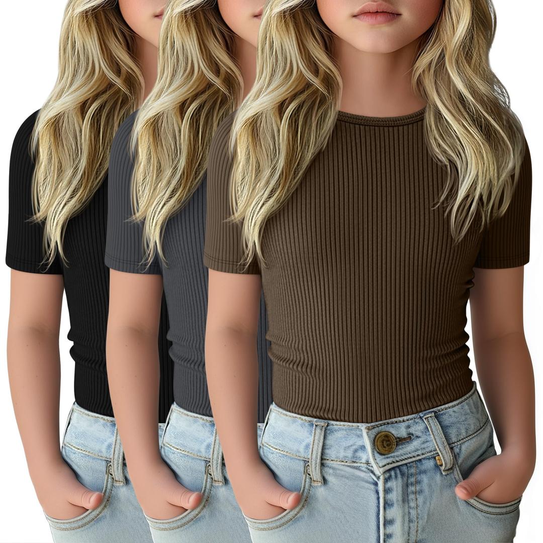 LessonZoo 3 Pack Girls Cotton Cute Tops Short Sleeve Ribbed Tween Shirts Basic Slim Fit Casual Summer Tee for Kids Ages 5-14(Black, Dark Gray, Brown,7-8 Years)