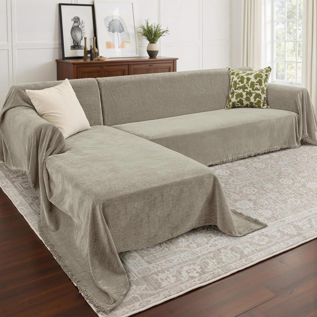 CAPALOCA Sectional Couch Covers, 2 Pieces Chenille Sofa Cover L Shaped Couch Cover Blanket for Dogs Washable Sofa Slipcovers Pet Furniture Protector (XX-Large: 71" x 118" + 71" x 118", Smoked Tan)