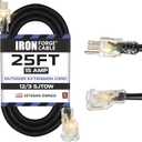 Iron Forge Cable 12 Gauge Outdoor Extension Cord 25 Ft, SJTOW 12/3 Heavy Duty Extension Cord 3 Prong, Oil Resistant & Flame Retardant - Lighted End