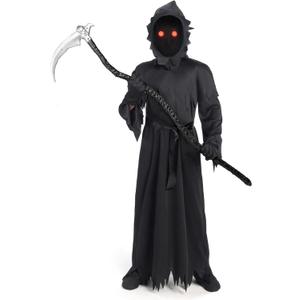 Spooktacular Creations Kids Grim Reaper Costume, Halloween Costumes for Boys, Reaper Outfit with Glowing Red Eyes (XL(12-14yr))