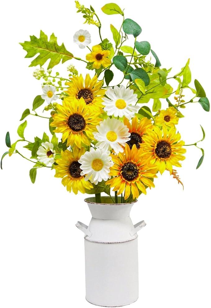obbsie 23.5" Faux Flowers in Vase, Silk Sunflower Artificial Flowers with Metal Pot Fake Sunflowers with Vase Flowers Arrangement Centerpieces for Table Kitchen Dining Living Room Home Spring Decor