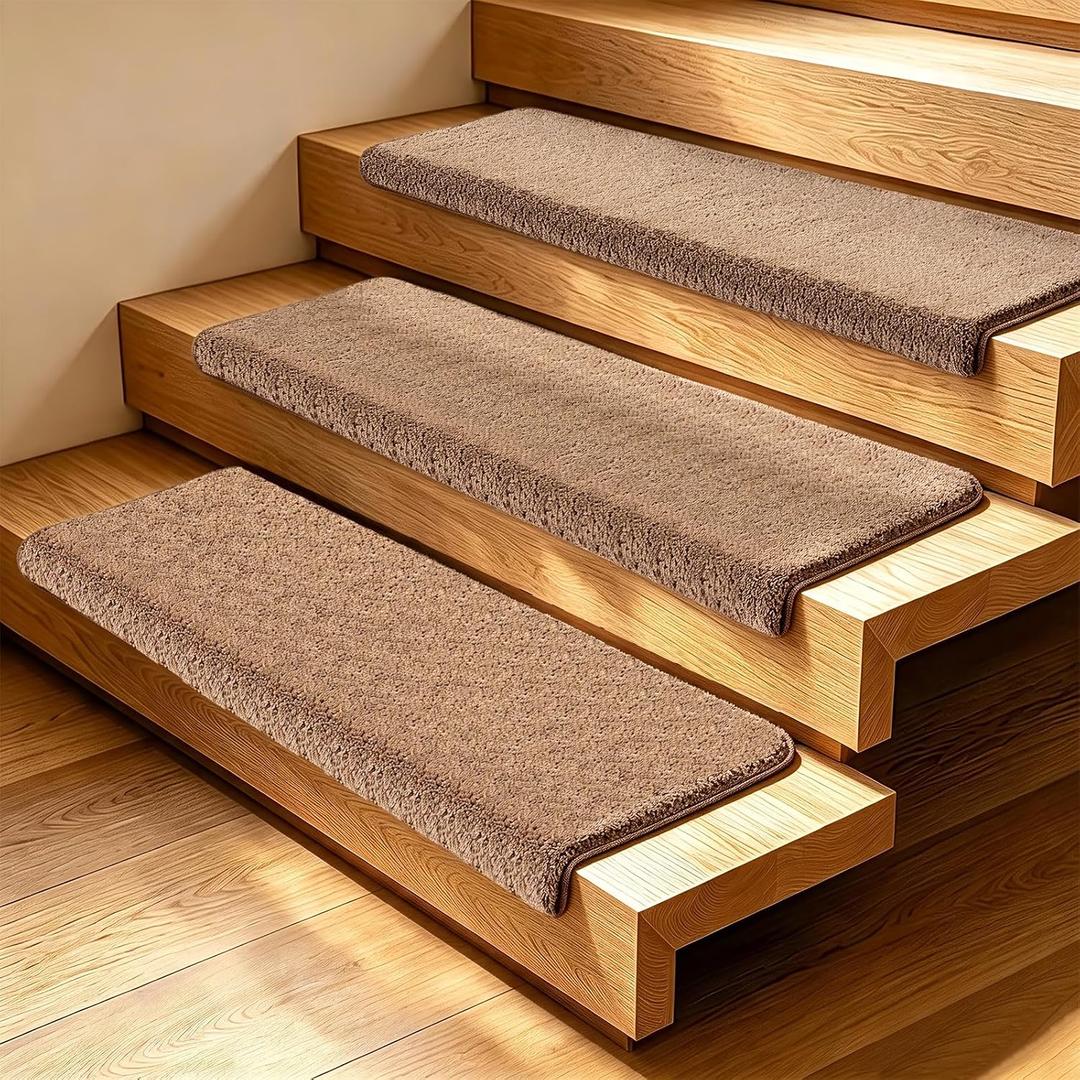 Bullnose Carpet Stair Treads TPE Self Adhesive Stair Treads for Wooden Steps, 30"X9.5" Non Slip Carpet, Step Covers for Stairs for Kid Elder and Dog (Light Coffee, 14 PCS)