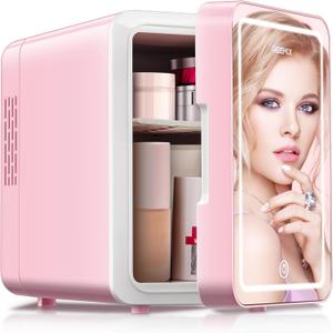 Skincare Fridge, 6L Makeup Mini Fridge With Dimmable LED Light Mirror for Bedroom, Car, Office & Dorm, Cooler & Warmer, Small Refrigerator for Cosmetics, Skin Care and Food (6L Mirror, Pink)
