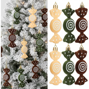 Threan 12 Pcs Velvet Christmas Candy Ornaments 3.9 x 1.6 Inches Xmas Tree Peppermint Ornament with Rope Flocked Glitter Hanging Candy Cane Decoration for Christmas New Year Decor (Brown, Beige, Green)