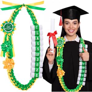 Lyrow 2026 Graduation Money Lei with Cash Holder 48 Inch Extra Long Braided Ribbon Lei DIY Graduation Garland for Cash Gifts Class of 2026 Grad Party Decorations(Yellow & Green)