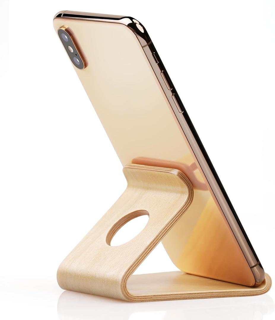 Cell Phone Stand for Desk - Portable Wood Phone Holder for Bed Compatible with iPhone 16 15 14 13 Pro Max 12 11 iPad mini, Smartphone, Wooden Office Aesthetic Desk Accessories