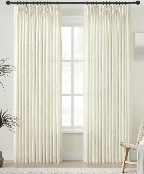 PANGSINNE Linen Pinch Pleated Curtains 80 Inches Long 2 Panels  Thick Textured Hooks Rings Back Tab Boho Neutral Light Filter Curtain Drapes