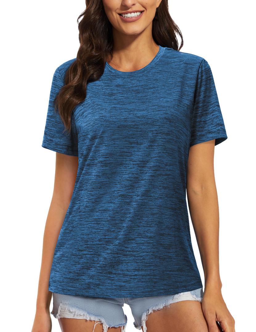 MAGCOMSEN Crewneck Workout Shirts Women Quick Dry Short Sleeve Gym Running Athletic Exercising Shirts Medium Blue, XXL (XXL)
