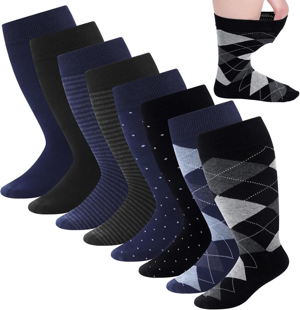 8 Pairs Diabetic Dress Crew Socks for Men Non-binding Loose Top Extra Wide Dress Socks for Swollen Feet(Classic,Dark Blue)