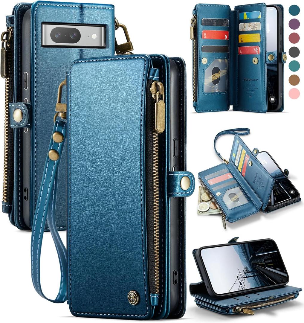 Defencase Compatible with Google Pixel 8 Case, RFID Blocking Wallet Case Suitable for Google Pixel 8 Fashion PU Leather Magnetic Flip Zipper Strap Card Holder Phone Case for Women and Men, Lake Blue