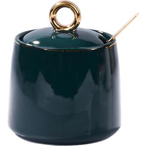 Ceramic Sugar Bowls with Stainless Steel Spoon Salt Container with Lid for Sugar Seasoning(Green)