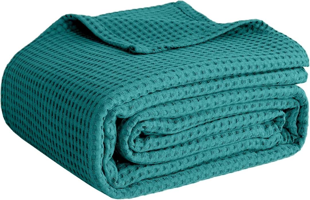 100% Cotton Blankets for Bed - Waffle Weave Blankets for Summer, Lightweight and Breathable Soft Woven Blanket for Spring (Teal, Throw (50" x 60"))