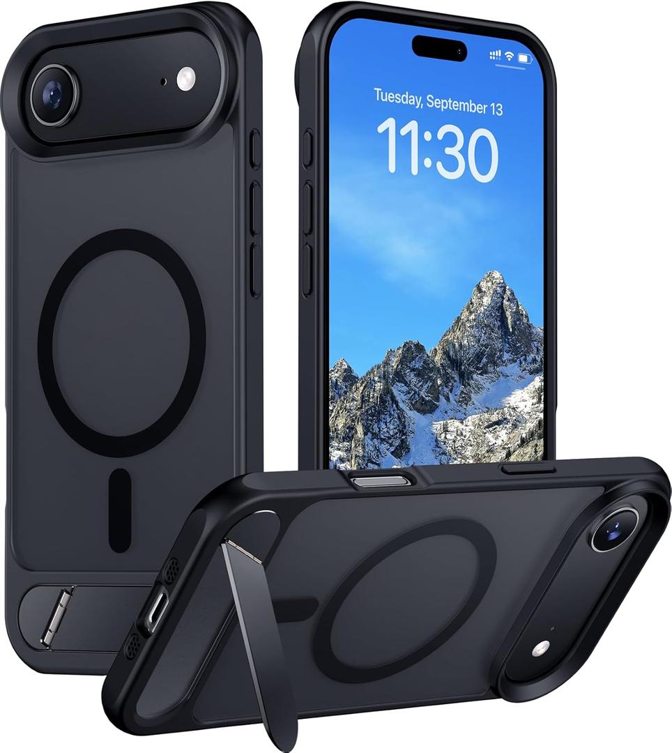 Temdan Designed for iPhone Air Case, Built-in Invisible Kickstand Compatible with MagSafe Military Grade Shockproof Slim Translucent Matte Phone Case for iPhone 17 Air 6.5 inch (Black)