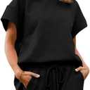 UNCLECAT Womens 2 Piece Lounge Sets Short Sleeve Tops and Shorts Travel Outfits Pajama Set with Pockets (Black, S)