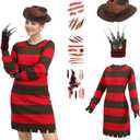Halloween Costume Women Green And Red Striped Sweater Dress Hat Gloves Tattoo Horror Movie Nightmare Killer (M)